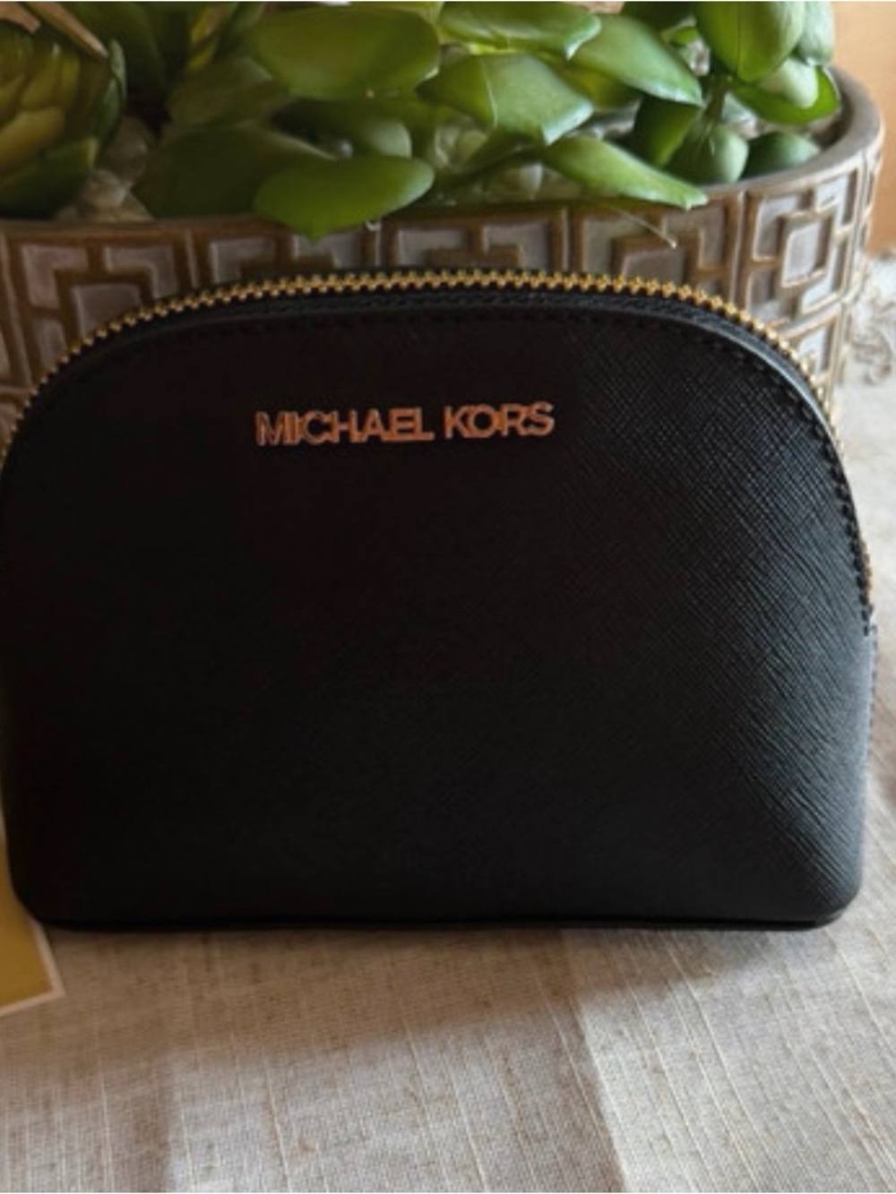 Michael Kors Black Leather Dome Cosmetic Case with Gold Hardware